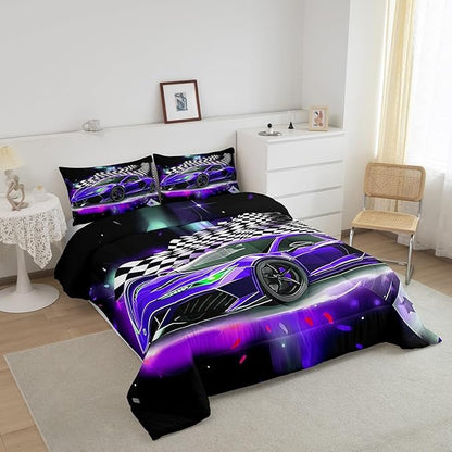 Purple Race Car Comforter Set Full Size, Black White Lattice Bedding Set 2pcs for Kids Boys Teens Room Decor,Extreme Sport Games Quilt Set,Cool Modern Duvet Insert with 2 Pillowcases