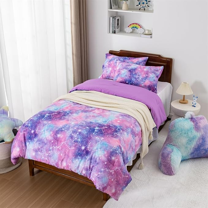 Holawakaka Tie Dye Galaxy Constellation Print Ombre Comforter Set Twin/Twin XL Size Girls Gradient Space Stars Dorm Bedding Set (Purple,Twin)