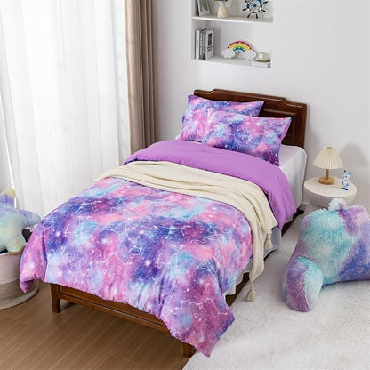 Holawakaka Tie Dye Galaxy Constellation Print Ombre Comforter Set Twin/Twin XL Size Girls Gradient Space Stars Dorm Bedding Set (Purple,Twin)