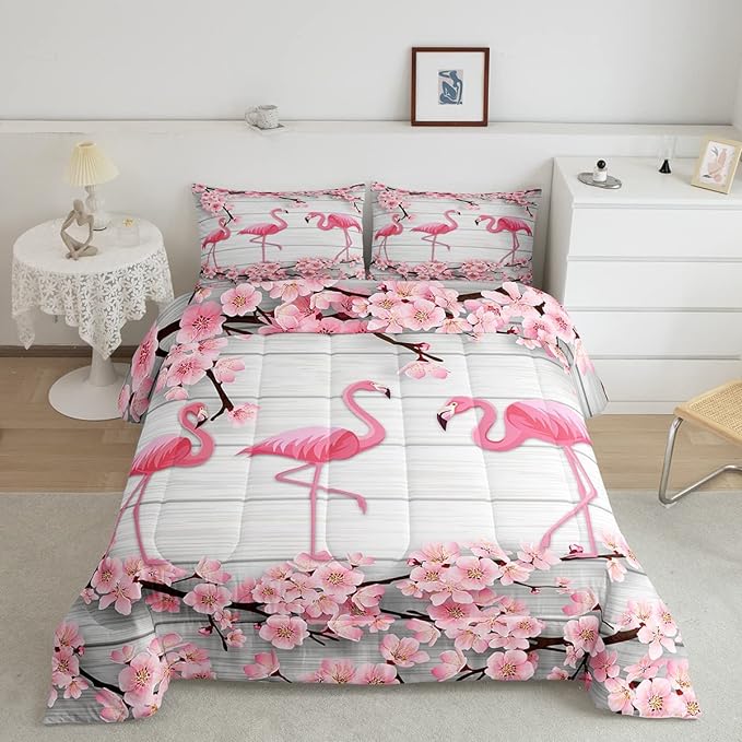 Erosebridal Flamingo Bedding Set Full,Cherry Blossoms Comforter Set for Girls Teens Women,Pink Tropical Bird Animal Comforter Flower Rustic Wooden Board Quilt Duvet Sets with 2 Pillow Cases