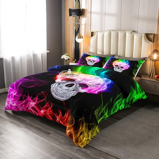 Erosebridal Skull Comforter Set, Skeleton Bones Bedding Set King Size Halloween Horror Gold Flame Duvet Sets for Kids Teens Adult Bedroom Decor, Gothic Spooky Bedding Comforters, Warmth Soft
