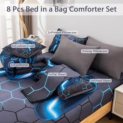 8Pcs Game Console Comforter Set with Sheets for Boys Girls Kids Teens, Geometric Gaming Themed Bed in A Bag Full Size, Blue 3D Video Gamer Controller Bedroom Decor Bedding Set-Blue