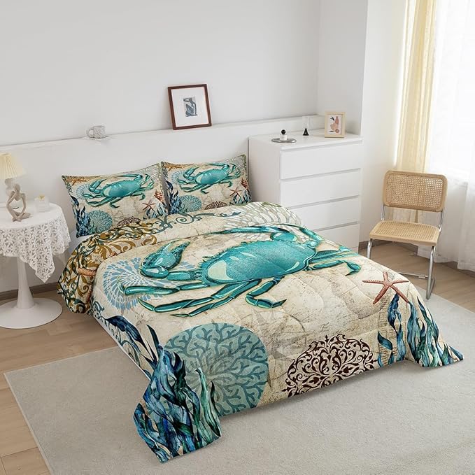 Sea Beach Theme Comforter Set Kids Beach Crabs Print Queen Bedding 3D Sea Animal Crab Luxury Microfiber Quilted Duvet Set with 2 Pillowcases,Soft Lightweight Marine Life Decorative Bedding Soft Fluffy