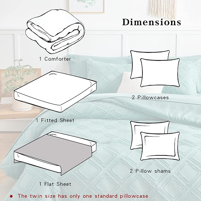 7 Pieces Tufted Bed in a Bag Queen Comforter Set with Sheets Green, Soft and Embroidery Shabby Chic Boho Bohemian, Luxury Solid Color with Diamond Pattern, Jacquard Tufts Bedding Set for All Season