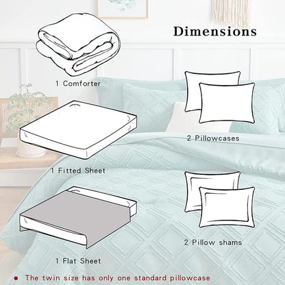 7 Pieces Tufted Bed in a Bag King Comforter Set with Sheets Green, Soft and Embroidery Shabby Chic Boho Bohemian, Luxury Solid Color with Diamond Pattern, Jacquard Tufts Bedding Set for All Season