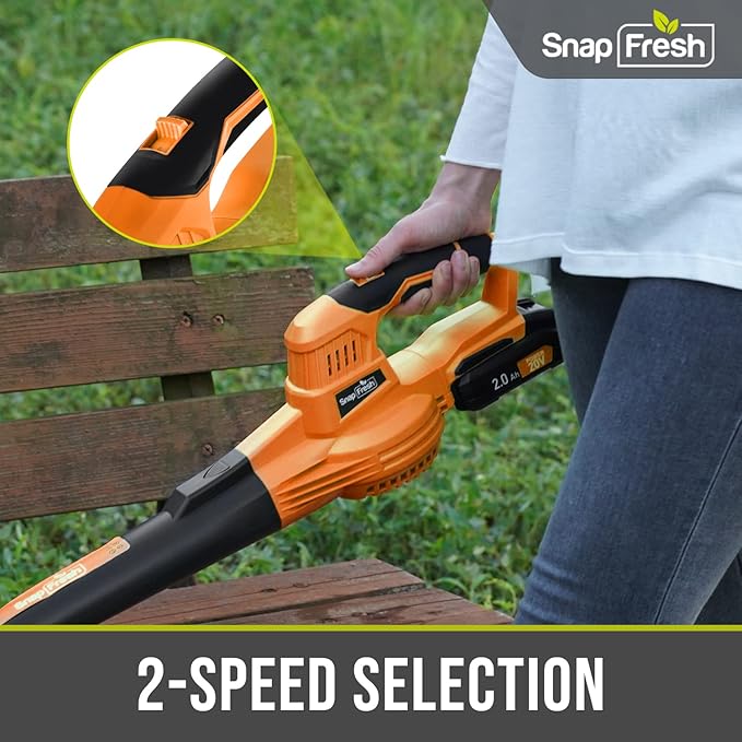 SnapFresh Cordless Leaf Blower - 20V Electric Leaf Blower with 2.0 Ah Battery and Charger - Lightweight 2-Speed Leaf Blower for Lawn Care and Yard/Garden/Patio Cleaning (Orange)