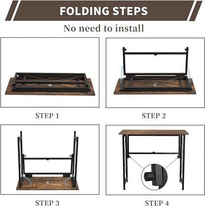 31.5" Computer Desk for Small Place, Foldable Desk Home Office Desk, Black Metal Frame, Modern Industrial Style Study Writing Table, No Assembly Required, Rustic Brown