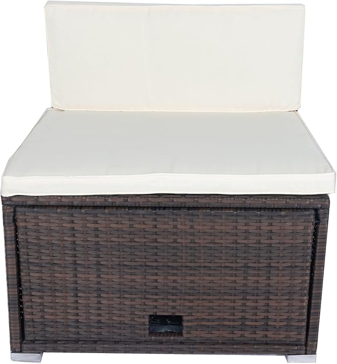 11 Pieces Outdoor Furniture Sofa, 10 Seater Patio Sectional Set with 3 Storage Box Under Seat Brown Wicker + White Cushion for Garden, Balcony, Poolside, Backyard, Zk-Beige