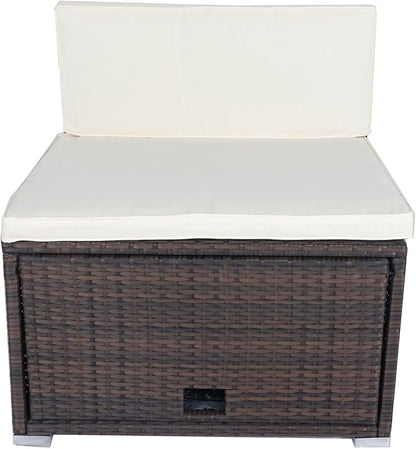 11 Pieces Outdoor Furniture Sofa, 10 Seater Patio Sectional Set with 3 Storage Box Under Seat Brown Wicker + White Cushion for Garden, Balcony, Poolside, Backyard, Zk-Beige