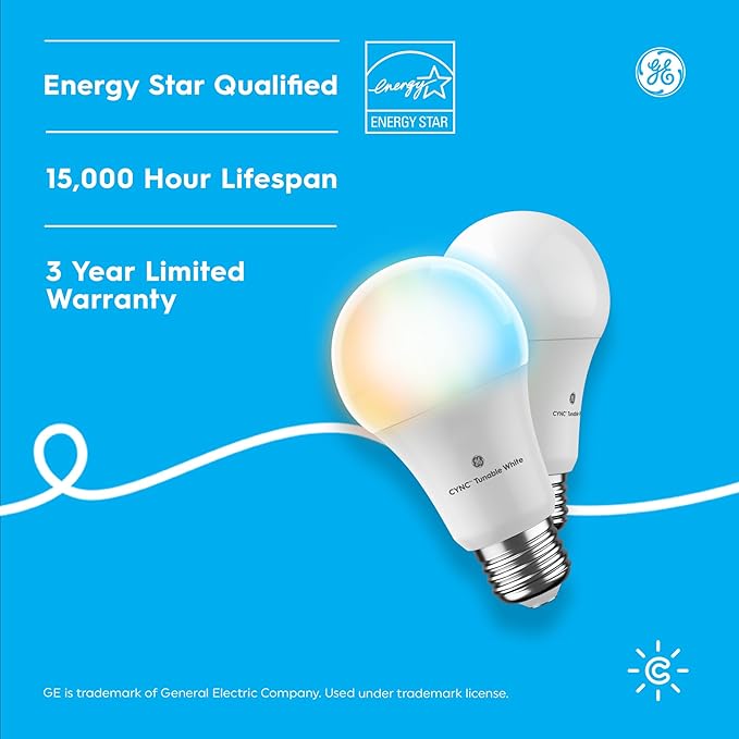 GE CYNC Smart LED Light Bulbs, Tunable White, Bluetooth and Wi-Fi, Works with Alexa and Google, A19 (2 Pack)