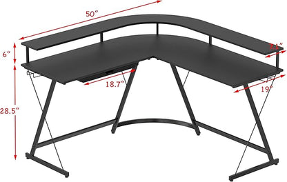 SHW Vista L Desk with U Monitor Stand and Drawer, Black