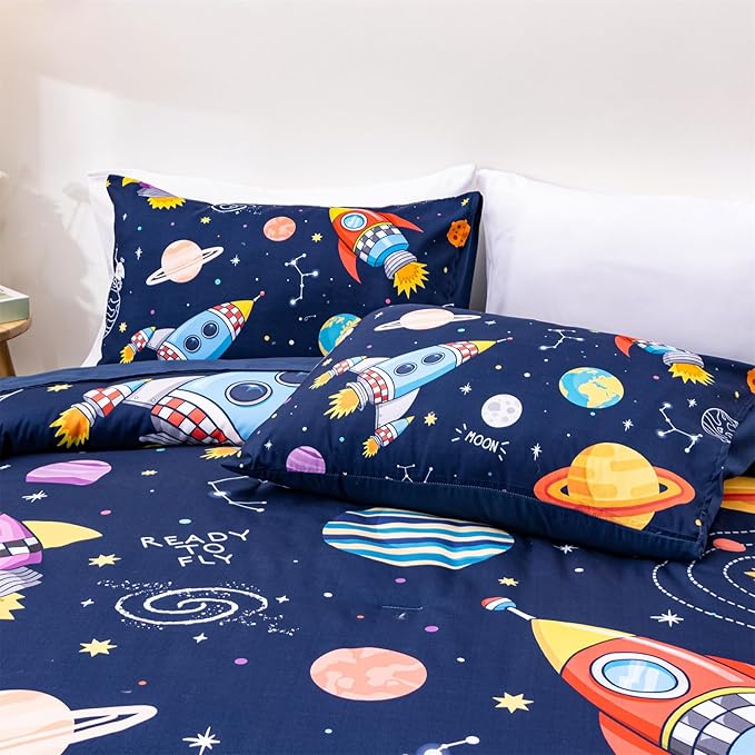 Aimuan Space Comforter Twin Set Kids Rocket Bedding Set Super Soft & Cute Aliens UFO Printed for Boys Girls Teen (Navy, Twin 5Pcs)