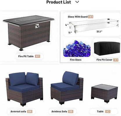 Kullavik 13 Pieces Outdoor Patio Furniture Set with 43" 55000BTU Gas Propane Fire Pit Table PE Wicker Rattan Sectional Sofa Patio Conversation Sets,Navy Blue