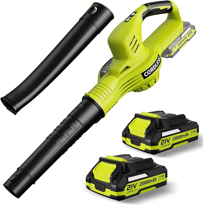 Leaf Blower Cordless - 21V Electric Cordless Leaf Blower with 2 Batteries and Charger, 2 Speed Mode, 2.0Ah Lightweight Battery Powered Leaf Blowers for Lawn Care, Patio, Blowing Leaves