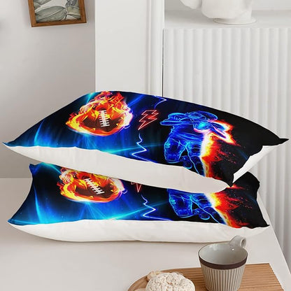 Axolotl Football Comforter Queen,Cool Blue Football Bedding Sports Theme Comforter Set For Boys,3D Rugby Sports Bedding Set Football Player On Fire For Boys Kids Teens,1 Quilt 2 Pillowcases,Black Blue