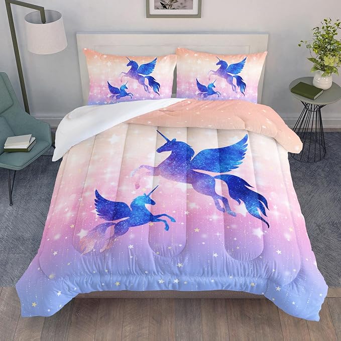 Datura home Bedding Comforter Set Starry Sky Unicorn Printed Pattern Quilt with 1 and 2 Pillowcases for Girls Bedroom All Season(Purple Queen) Queen 90x90inches