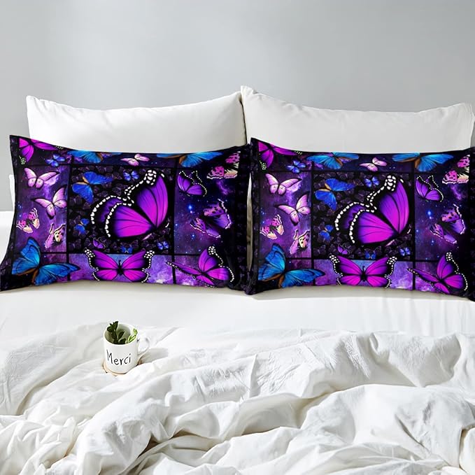 Erosebridal Butterfly Comforter Set Starry Sky Galaxy Comforter Blue Purple Butterfly Bedding Sets Twin for Kids Girls Teens Women Bed,Aesthetics Butterflies Quilt Duvet Set 1 Pillow Case Room Decor