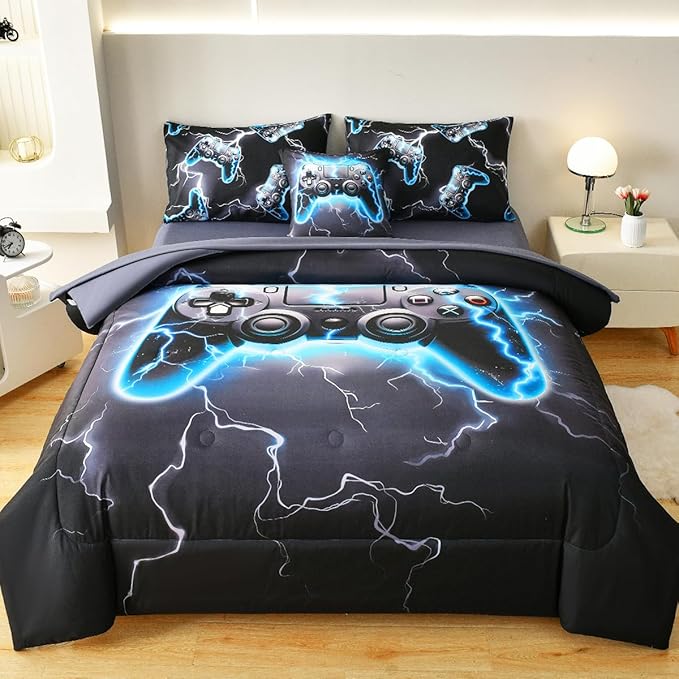 Game Console Twin Comforter Set with Sheets, Microfiber 6 Pcs Bed in A Bag Twin Size Gamer Bedding Set for Boys Kids Teens