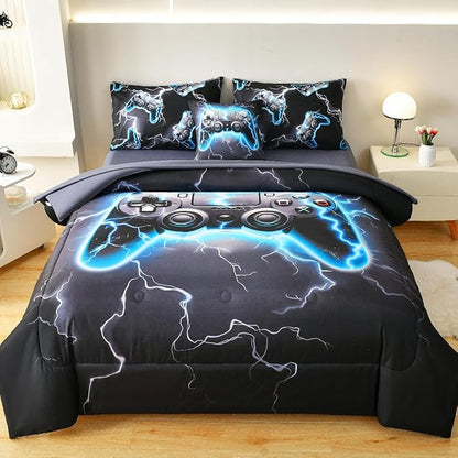 Game Console Twin Comforter Set with Sheets, Microfiber 6 Pcs Bed in A Bag Twin Size Gamer Bedding Set for Boys Kids Teens
