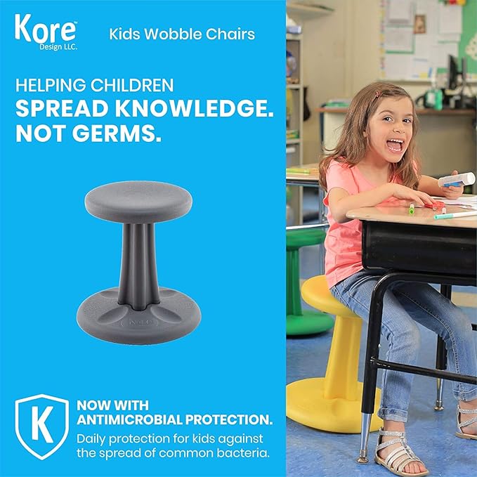 Kore Kids Junior Wobble Chair - Flexible Seating Stool for Classroom, Elementary School, ADD/ADHD - Made in The USA - Junior- Age 8-9, Grade 3-4, Grey (16in)