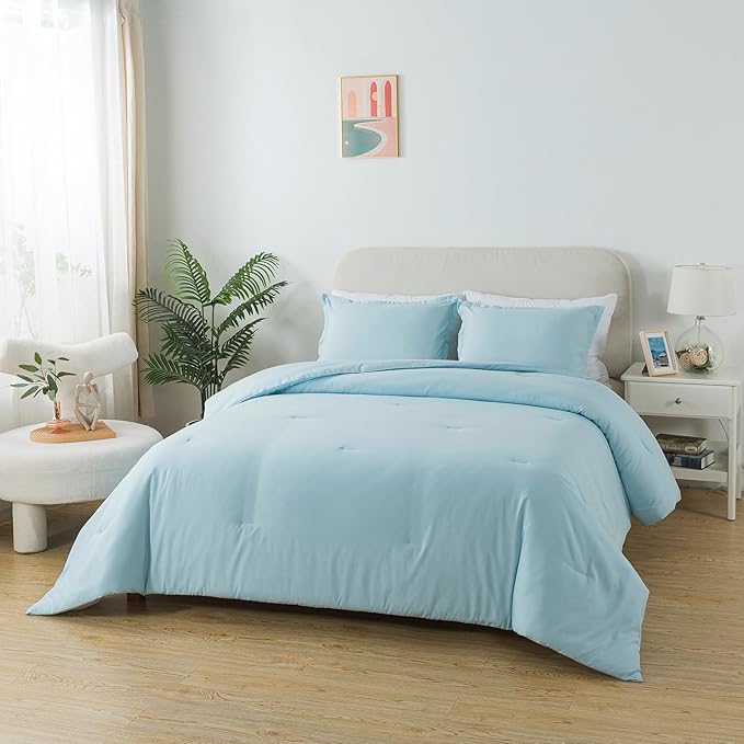Baby Blue Comforter Set Twin Size, Solid Lightweight Down Alternative Soft Boho Bedding Comforter Set, Breathable Fluffy Microfiber Skin-friendly Comforter (68"x90") for All Seasons