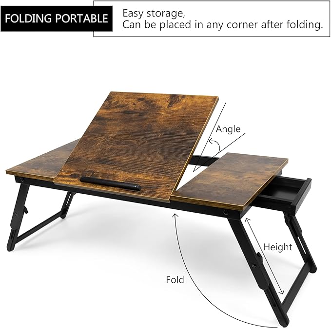Bamboo Laptop Desk Bed Tray Table Adjustable Table for Computer Tilting Top Foldable Leg with Drawer