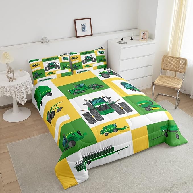 Boys Tractor Comforter Set King Kids Equipment Trucks Bedding Sets For Teens Bedroom Under Construction Quilt Set Excavator Vehicle Car Bedding Farmhouse Harvester Quilted Comforter,Green Yellow