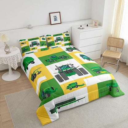 Boys Tractor Comforter Set King Kids Equipment Trucks Bedding Sets For Teens Bedroom Under Construction Quilt Set Excavator Vehicle Car Bedding Farmhouse Harvester Quilted Comforter,Green Yellow