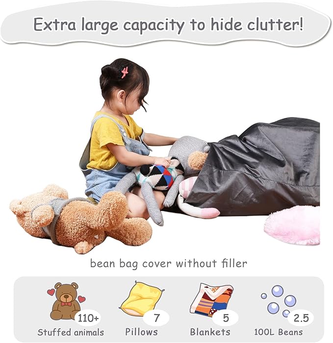 Stuffed Animal Storage Bean Bag Chair for Kids and Adults, Stuffed Animal Bean Bag Storage, Luxury Velvet Stuffie Seat - COVER ONLY(Dark Grey 200L/52 Gal)