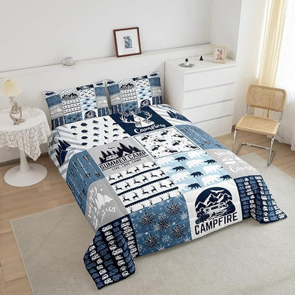 Camper Gifts Comforter Set Twin, Happing Camping Gifts For Men Women, Blue Camper Bedding Set For Camping Lovers Campsite, Camping Down Comforter For RV Travel Hiking, Camper Decor, Buffalo Plaid