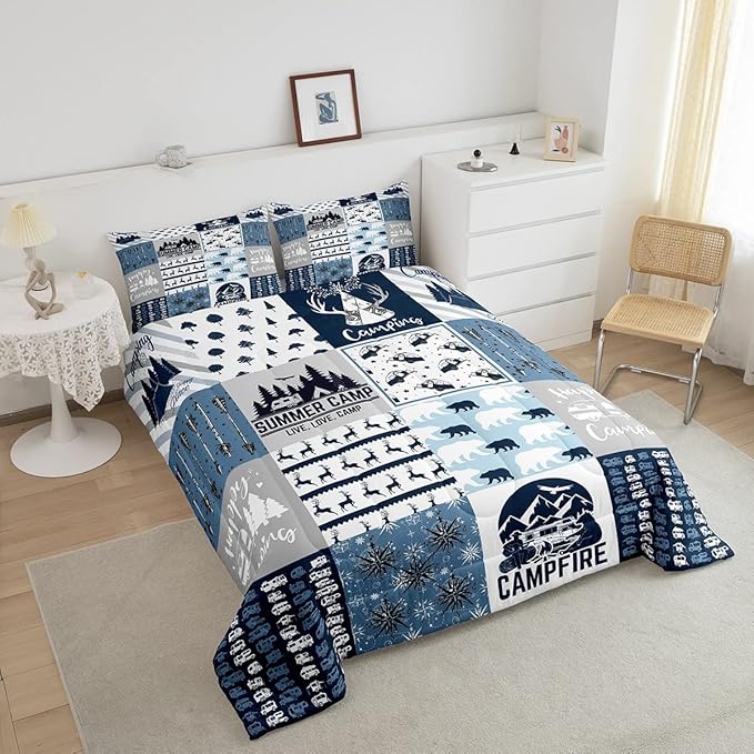 Erosebridal Happy Camping Bedding Set King Size for Boys Kids Teens, Camper Duvet Insert, Rustic Farmhouse Style Comforter Set, Sketch Drawing Camper Bedding, Camping Car Down Comforter, Blue