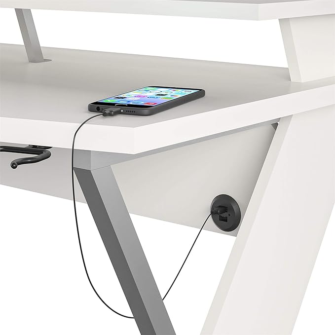 Xtreme Riser, Ergonomic, Home Office, Work Table, Computer, Gaming Room Desk, Monitor Stand, Cup Holder, Headphone Hook, White