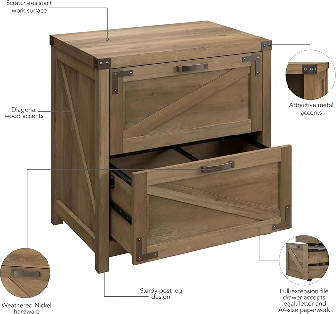 Bush Business Furniture Knoxville 2 Drawer Lateral File Cabinet, Farmhouse Document Storage Chest for Home Office, Reclaimed Pine