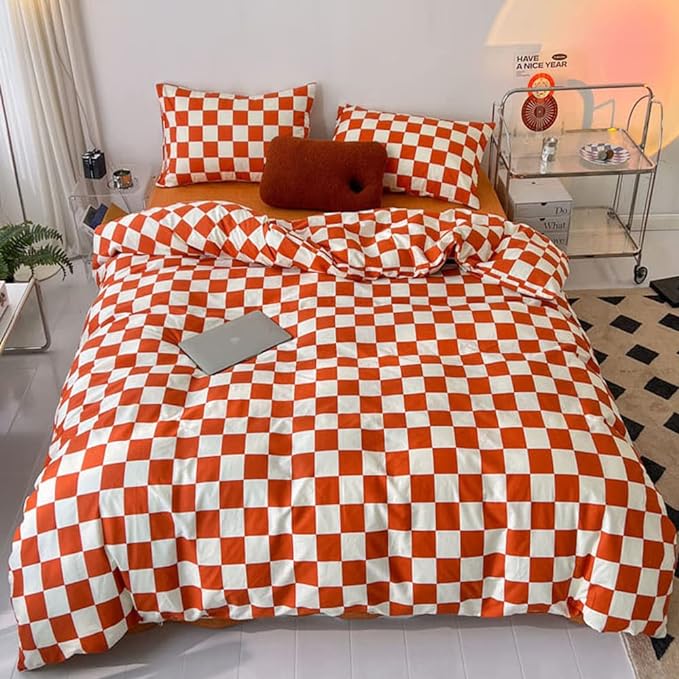 Wellboo Orange White Plaid Comforter Sets Full Women Girls Light Red Checkerboard Bedding Comforters Cotton Rust Caramel and White Checkered Geometric Quilts Adults Modern Grid Abstract Simple Bed