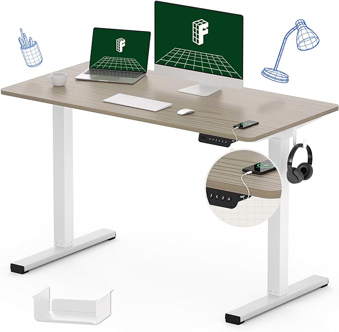 FLEXISPOT Standing Desk Quick Assembly Electric Adjustable with 48 x 24 Inches Whole-Piece Desktop Ergonomic Memory Controller Stand Up Desk(White Frame + 48" Grey Wood Grain)
