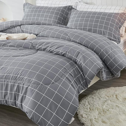 Andency Grey Grid Comforter Twin Size(66x90 inch), 2 Pieces (1 Comforter and 1 Pillowcase), Summer Lightweight Microfiber Down Alternative Bedding Comforter Sets with White Lines for Kids Boys Girls
