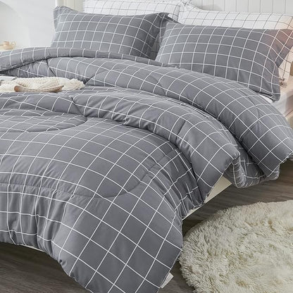 Andency Grey Grid Comforter Set Full Size (79x90 inch), 3 Pieces (1 Grey Comforter and 2 Pillowcases), Summer Lightweight Microfiber Down Alternative Bedding Comforter Sets with White Lines