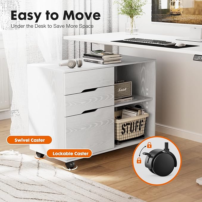 Sweetcrispy 3 Drawer File Cabinet Organizer Lateral Printer Stand Rolling Desk with Adjustable Storage Shelves for Office Home Small Space, White Wood