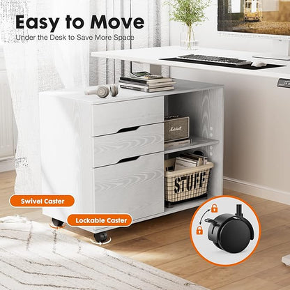 Sweetcrispy 3 Drawer File Cabinet Organizer Lateral Printer Stand Rolling Desk with Adjustable Storage Shelves for Office Home Small Space, White Wood
