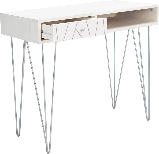 Safavieh Home Office Collection Marigold White Wash and Silver 1-Drawer Hairpin Leg Desk, 0
