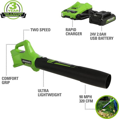 Greenworks 24V (90 MPH / 320 CFM / 125+ Compatible Tools) Cordless Axial Leaf Blower, 2.0Ah Battery and Charger Included