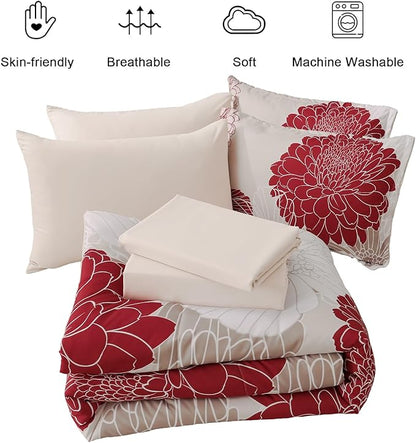 Yiran 7 Pieces Queen Comforter Set Red Floral Bed in a Bag Soft Microfiber Bedding Set 90"×90"(1 Comforter 1 Flat Sheet 1 Fitted Sheet 2 Pillowshams 2 Pillowcases)