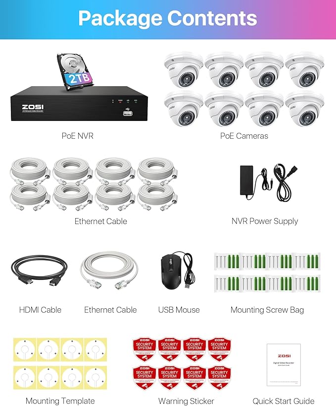 ZOSI 4K PoE Security Camera System with 2TB Hard Drive, 8 Ports 16CH 8MP NVR Recorder, 8pcs 3K 5MP Outdoor Indoor Home PoE Dome Cameras, Night Vision, Motion Alert, Remote Access, for 24/7 Recording