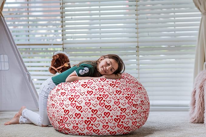 Wekapo Stuffed Animal Storage Bean Bag Chair Cover for Kids | Stuffable Zipper Beanbag for Organizing Children Plush Toys Large Premium Cotton Canvas (Heart, XX-Large)