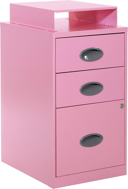 OSP Home Furnishings 3 Drawer Locking Metal File Cabinet with Top Shelf, Pink