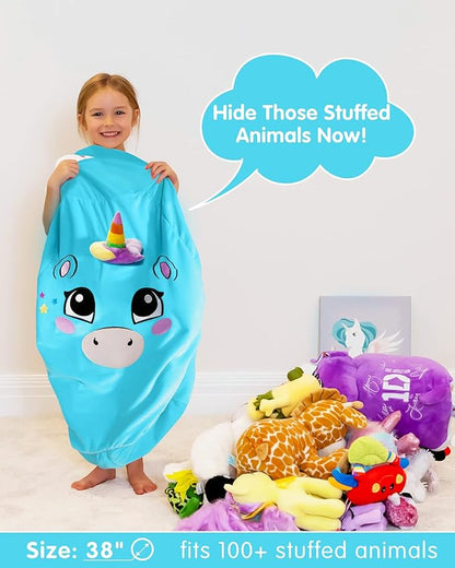 Aubliss Unicorn Stuffed Animal Storage, Velvet Bean Bag Chairs Cover, X-Large 38" Ultra Soft Kids Toy Storage Organizer for Blankets Towels Clothes Home Supplies, Blue Big Eyes