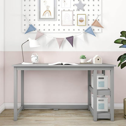 Max & Lily Solid Wood Desk With Shelves, 55 Inches, Grey