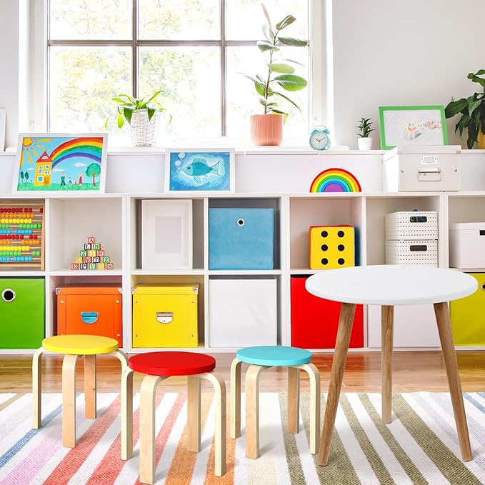 4 Pcs 12 Inch Bentwood Stacking Stool for Kids Colored Durable Round Nesting Stool Flexible Wood Stackable Stool Chairs for Playroom Daycare Home Classroom (Bright Color)