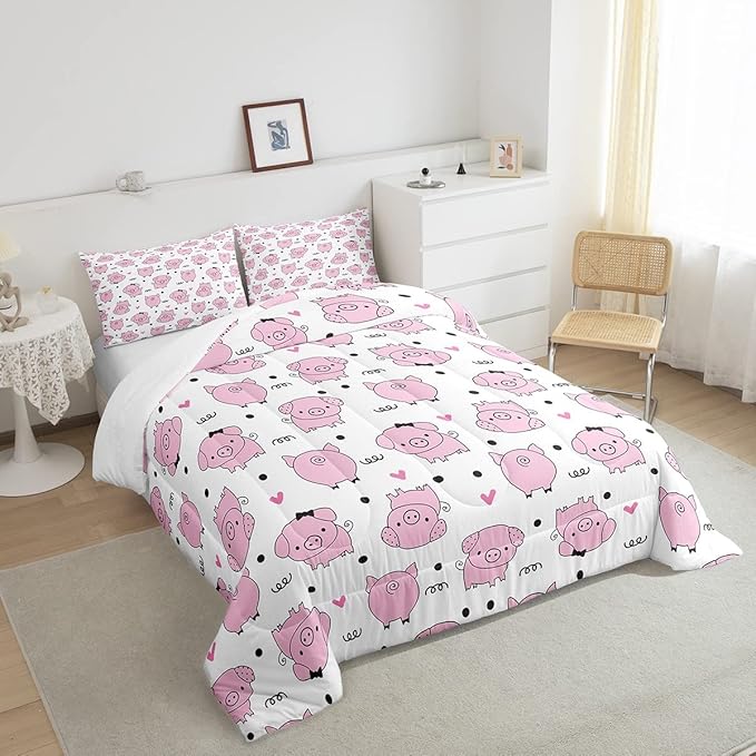 Erosebridal Pink Pig Comforter Set for Girls Kawaii Room Decor King,Cute Pigs Bedding Set for Kids Boys Children Farm Animal Quilted Duvet Sets Cartoom Style Soft Lightweight Down Comforter 3 Pcs