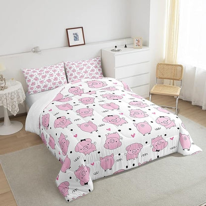 Erosebridal Pink Pig Comforter Set for Girls Kawaii Room Decor King,Cute Pigs Bedding Set for Kids Boys Children Farm Animal Quilted Duvet Sets Cartoom Style Soft Lightweight Down Comforter 3 Pcs